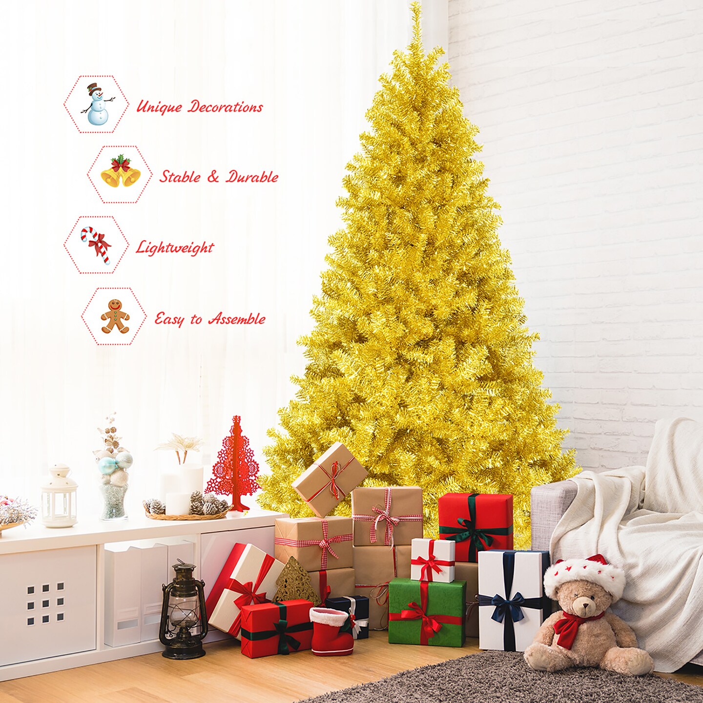 Costway 7.5Ft Hinged Unlit Artificial Tinsel Christmas Tree Holiday,Silver ,Gold