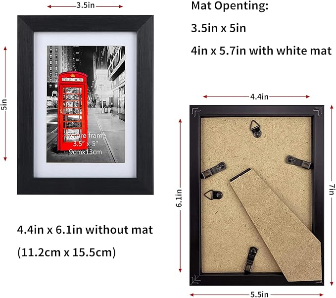 3.5x5 Black Picture Frames Set of 6, Multi Frames Matted to Display Photos 3.5 x 5 with Mat or 4x6 without Mat for Wall and Tabletop