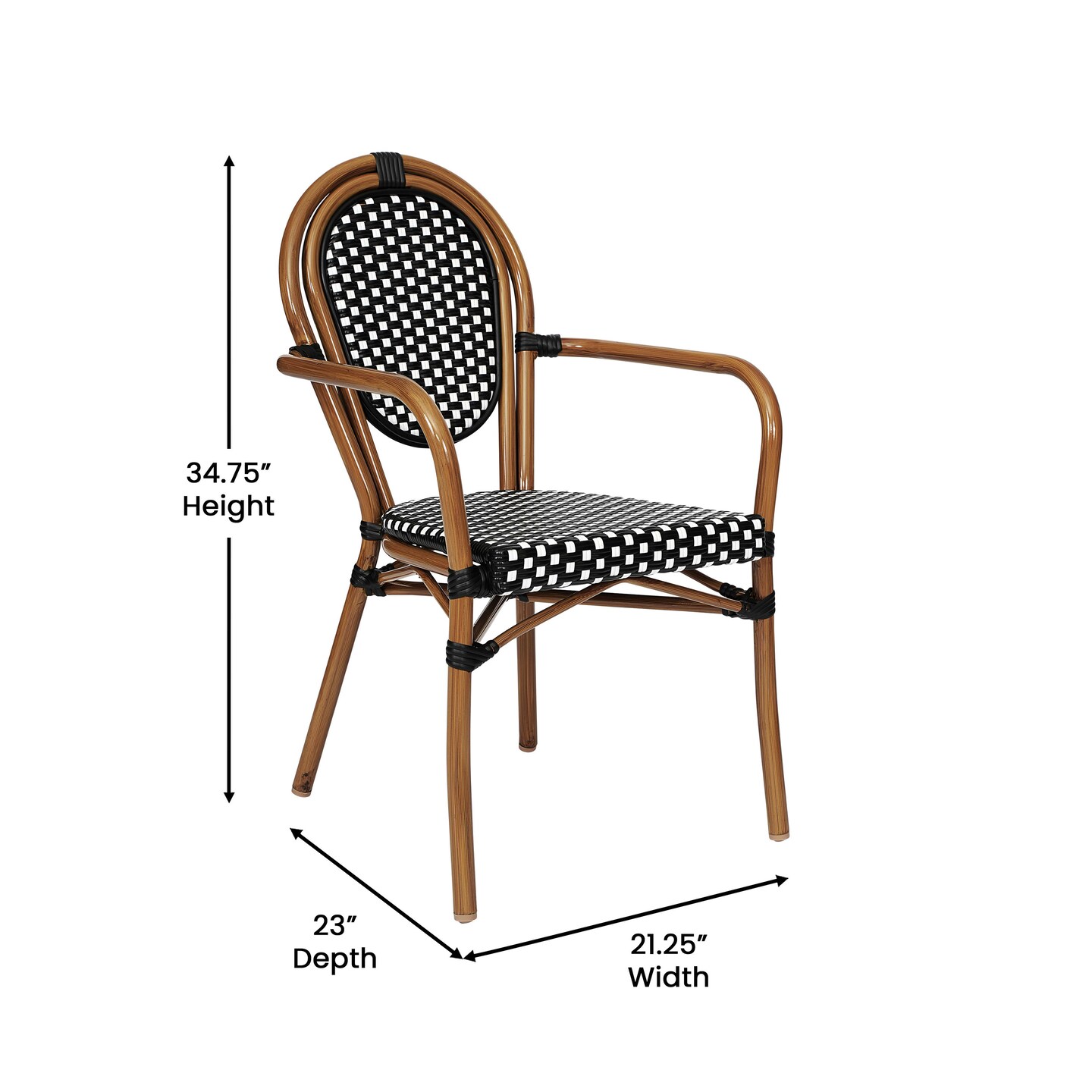 Merrick Lane Celia Set of Four Stacking Thonet Bistro Style Chair with Arms, PE Rattan Seat, and Metal Frame for Indoor/Outdoor Use