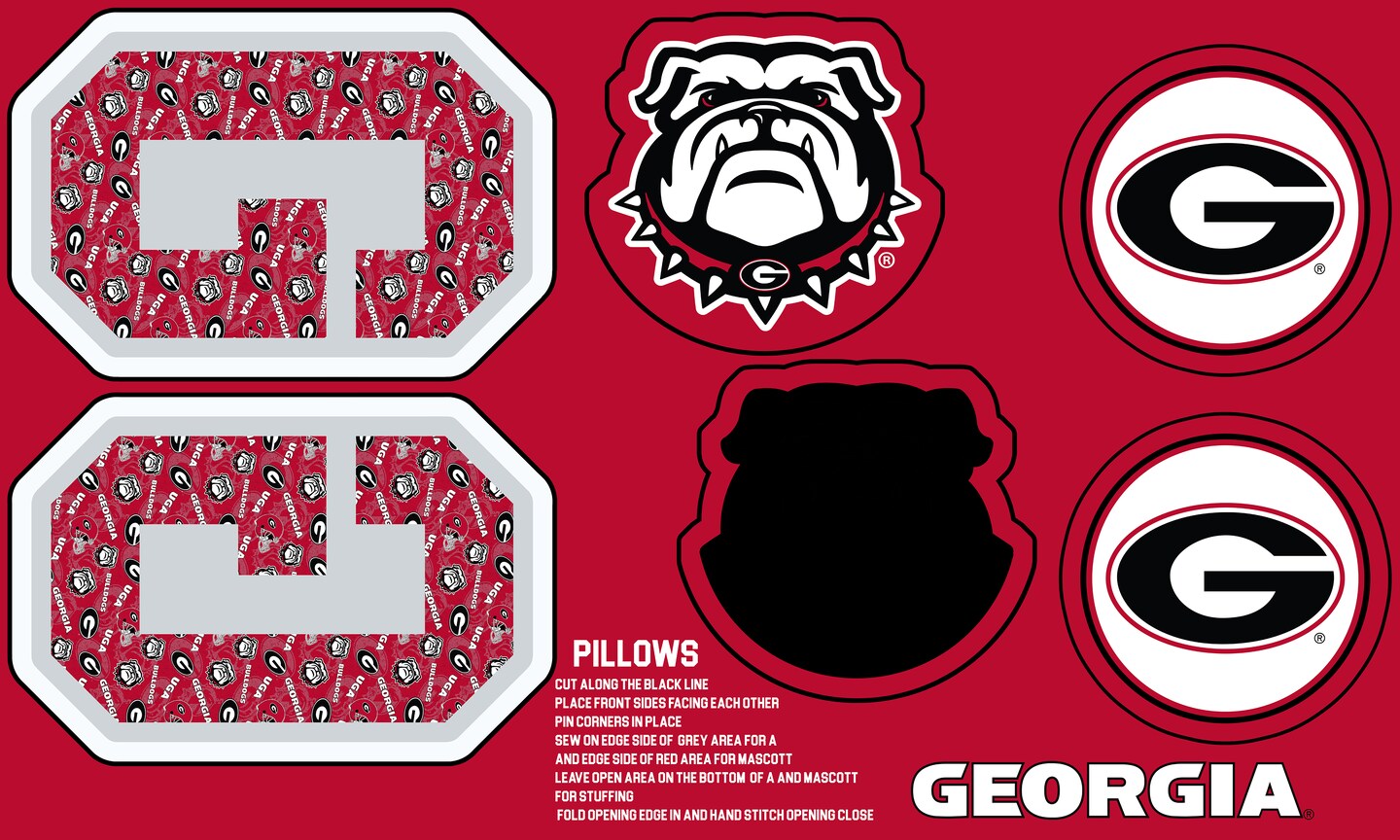 Sykel Enterprises-University of Georgia Minky DIY Pillow Project. Cut, Sew, and Stuff-Each Panel yields 3 pillows