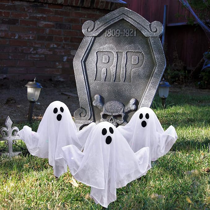 Halloween Decorations Outside - 3 Pack Outdoor Ghost Decorations Lights, Halloween Yard Stakes Ghost for Halloween Lawn Yard Decorations, Halloween Party Supplies