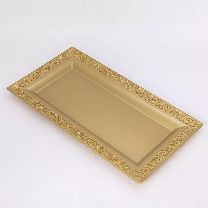 Gold 4 Plastic 14&#x22; Rectangle Serving Trays Lace Print Rim Design Party Events