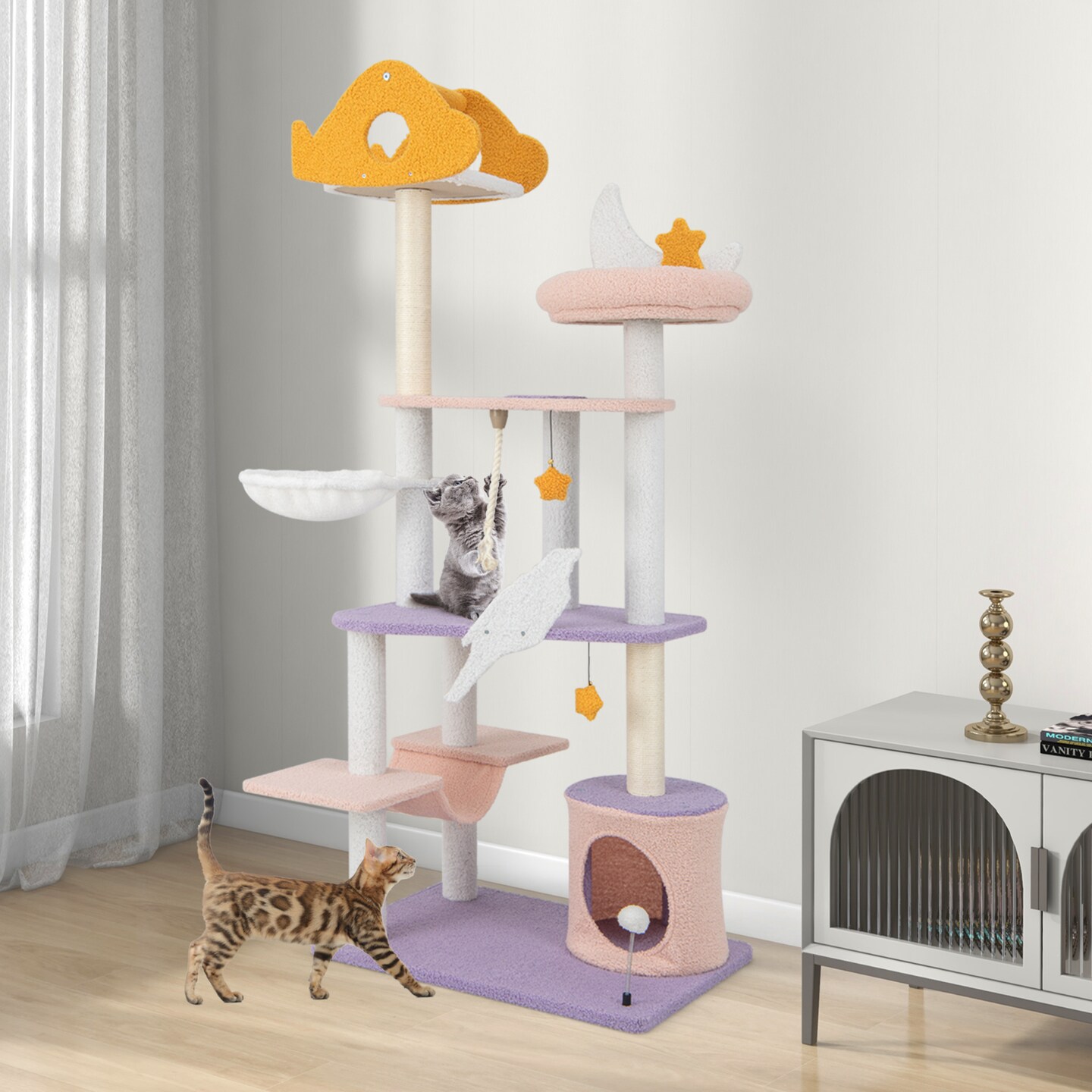 66&#x22; Cute Cat Tree Cats Multi-level Tall Cat Tower w/ Sisal Covered Scratching Posts-Purple