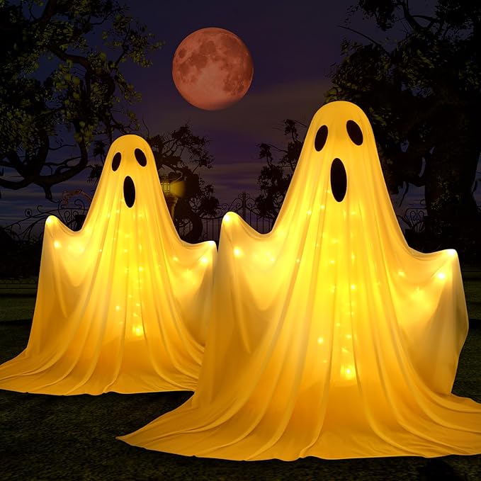 2 Pack Halloween Decorations Outdoor 65&#x27;&#x27; Large Light-up Spooky Ghosts Halloween Lighted White Cloth Ghosts Scary Standing Ghosts Decorations with 2 Modes LED Light for Porch Yard Party