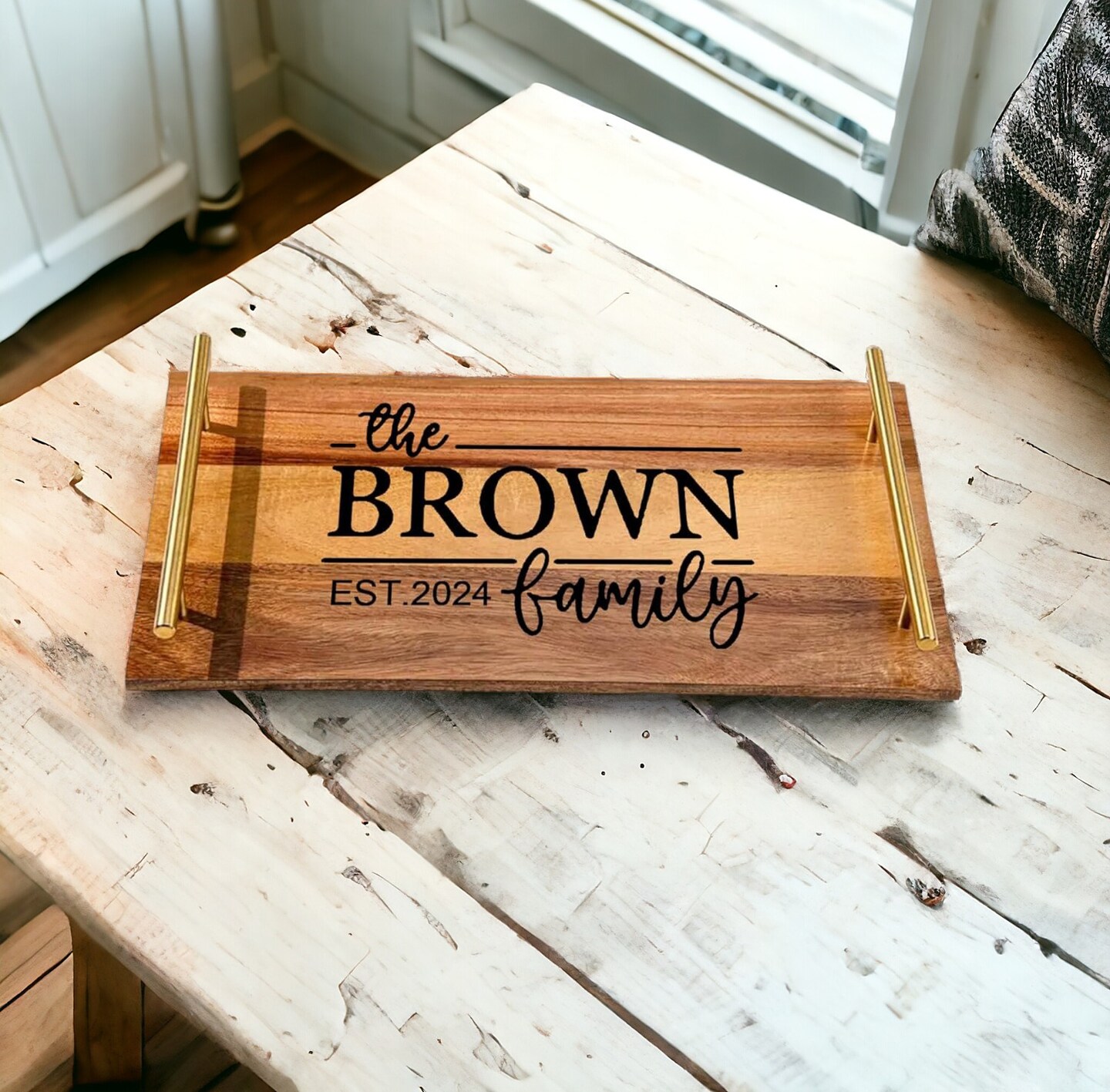 Engraved Round Family Name Acacia Walnut high quality Wood Serving Tray