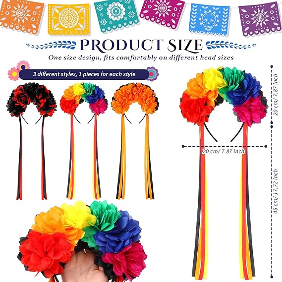 3 Pcs Halloween Flower Headband Day of the Dead Floral Headband Mexican Flower Crown Headband Halloween Festival Wedding Headband for Women Halloween Masquerade Bridal Party Dress up