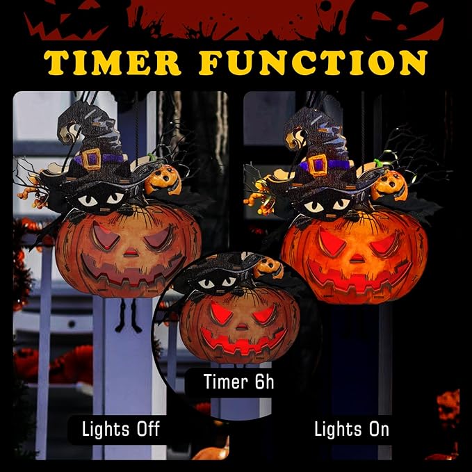 Halloween Pumpkin Lights,10 Inch Battery-Operated Jack O Lantern with Maple Leaves,Black Cat,Witch Hat,Berries,Twigs,Wood Pumpkin Built-in Timer for Halloween
