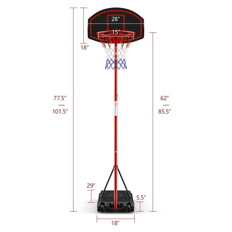 Adjustable Basketball Hoop System Stand Portable with 2 Wheels Fillable Base-Black &#x26; Red