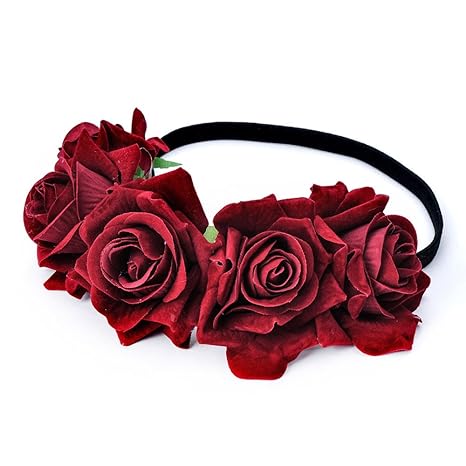 Rose Flower Crown Wedding Festival Headband Hair Garland Wedding Headpiece (1-Burgundy)