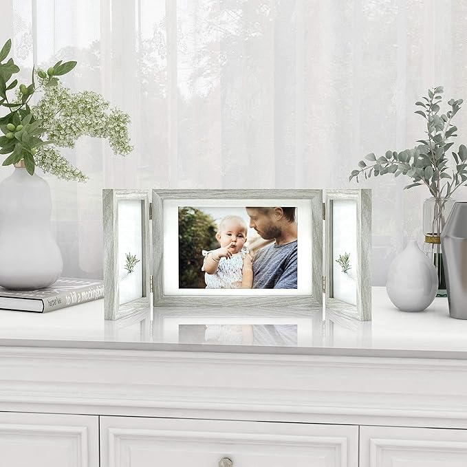 3 Picture Frame 4x6 and 5x7 Grey Photo Frames Collage Hinged Folding Triple 3 Openings Frames for Desk Wedding Birthday Gifts for Women Mom Grandma Couples Family, 2 * 4x6+1 * 5x7