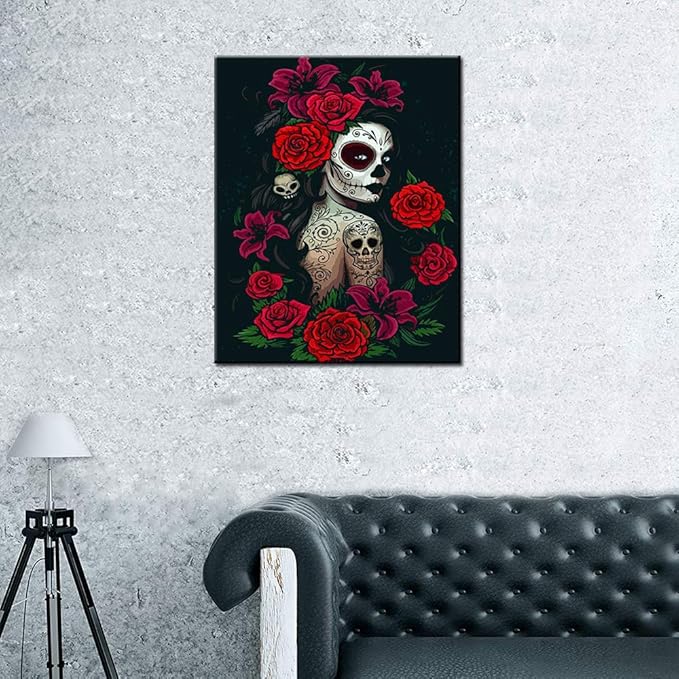Day of the Dead Paintings Traditional Festival Mexico Art Digital Painting Paint by Numbers Kit for Adults Acrylic Oil Painting Set Painting for Beginners Skull and Flowers Drawing(16''Wx20''H)