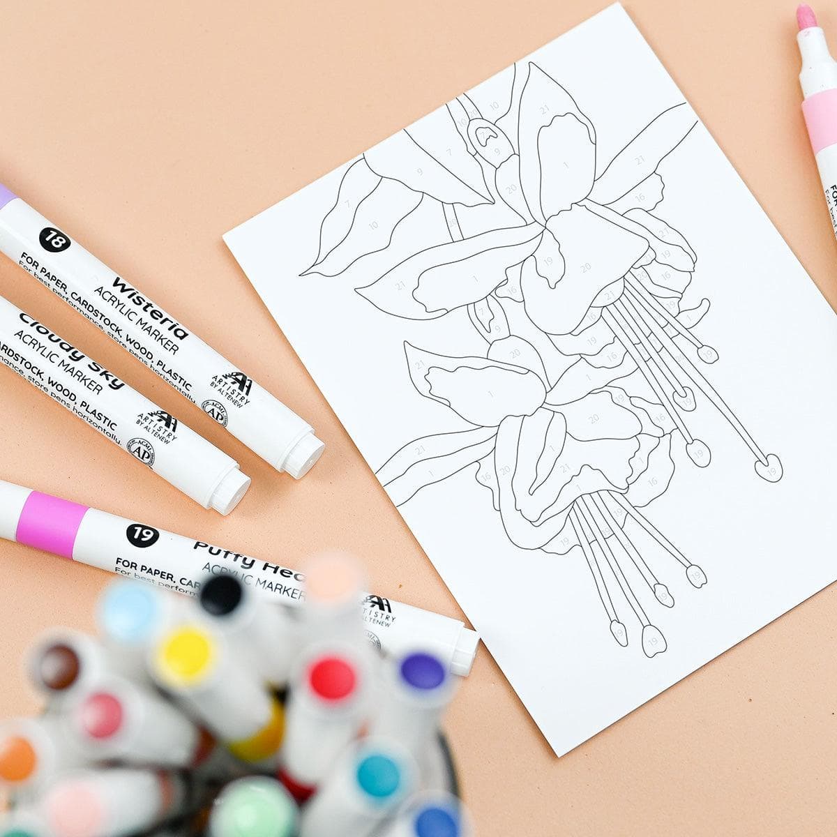 Altenew Acrylic Marker Set & Color-by-Number Sheets Bundle