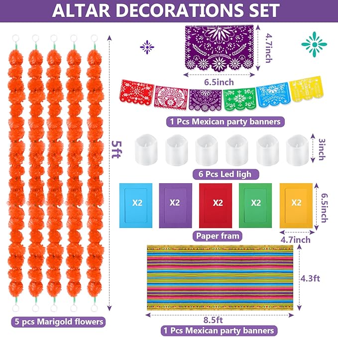 23 Pcs Day of The Dead Altar Decorations Set, Marigold Garland Mexican Banner Table Runner Paper LED Light Supplies Dia De Los Muertos Ofrendas Altar Decorations