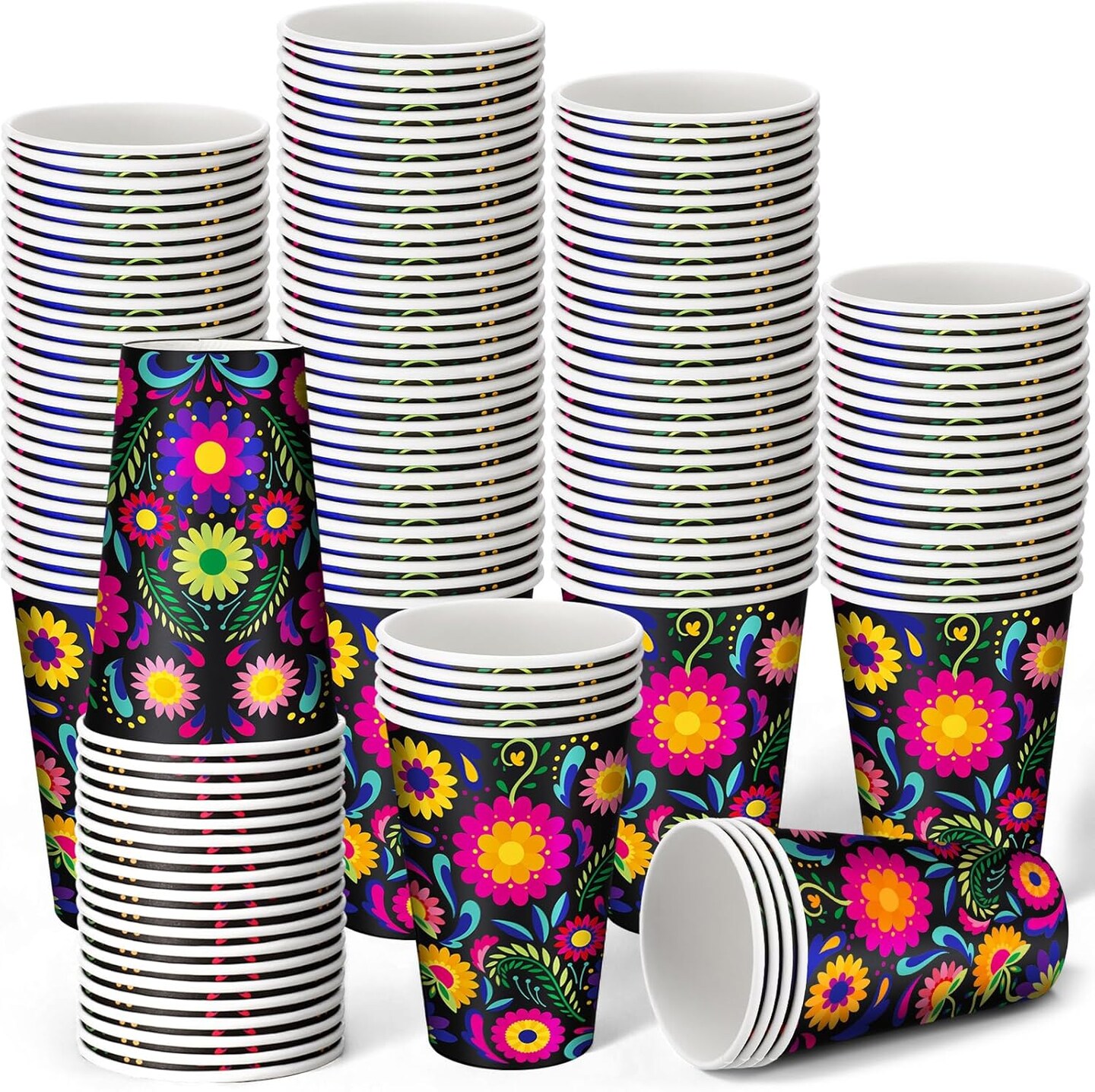 50 Pack Halloween 12 oz Day of the Dead Disposable Paper Cups Mexican Floral Fiesta Coffee Cups Hot Cold Beverage Drinking Cups Disposable Drinkware Supplies for Mexican Cinco De Mayo Birthday Party