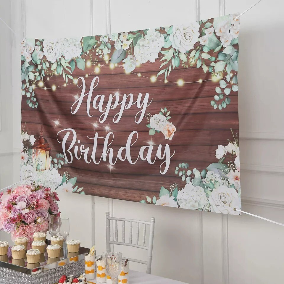 6 ft x 3 ft White Brown Wood Floral Printed Backdrop Happy Birthday Banner Party