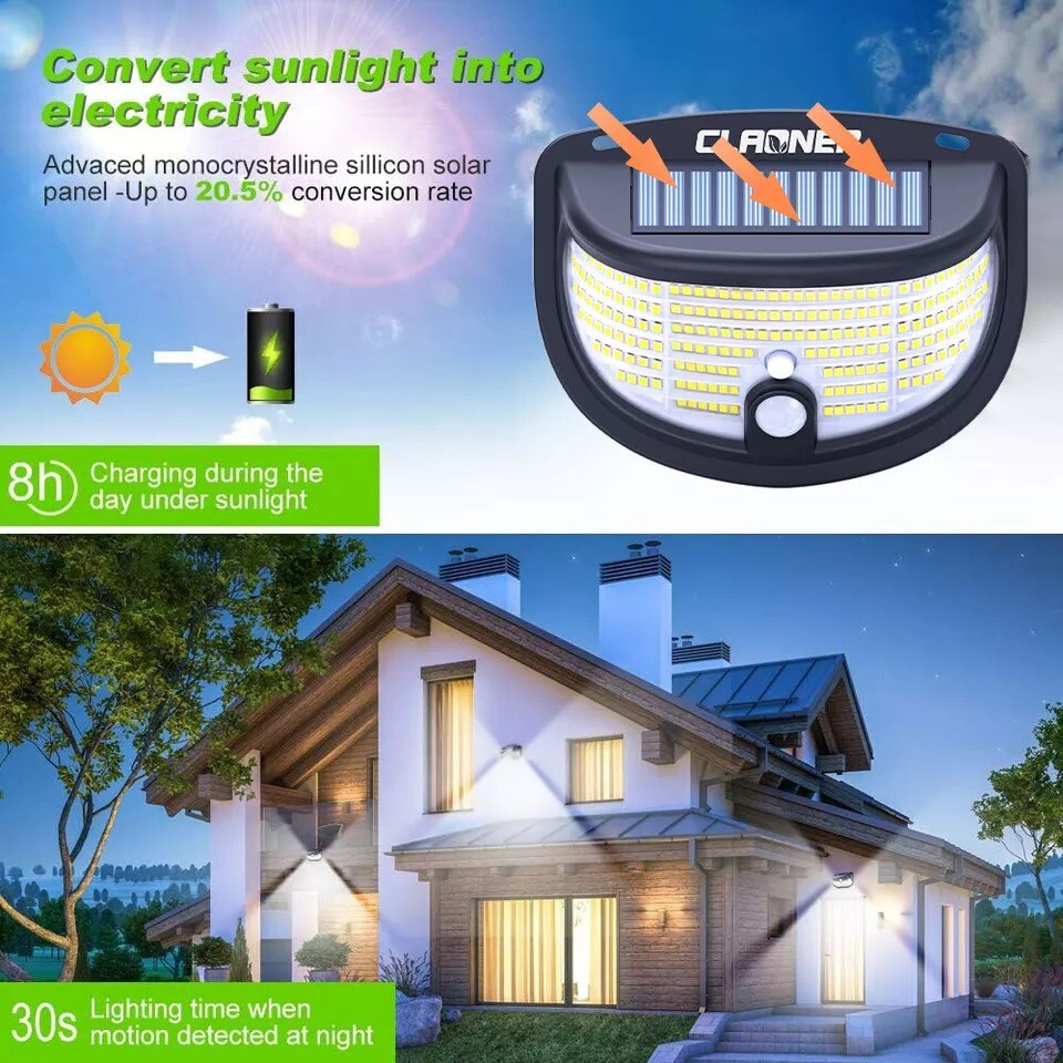 CLAONER 198 LED Solar Power Wall Light PIR Motion Sensor Outdoor Security Lamp