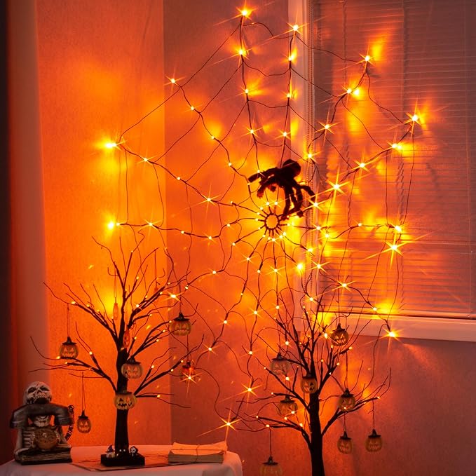 Halloween Spider Web Lights, 4FT Light up Spider Web Outdoor with 84LED and 8 Modes, Halloween Decorations Outside for Party Yard Bar Haunted House (Orange &#x26; Purple)