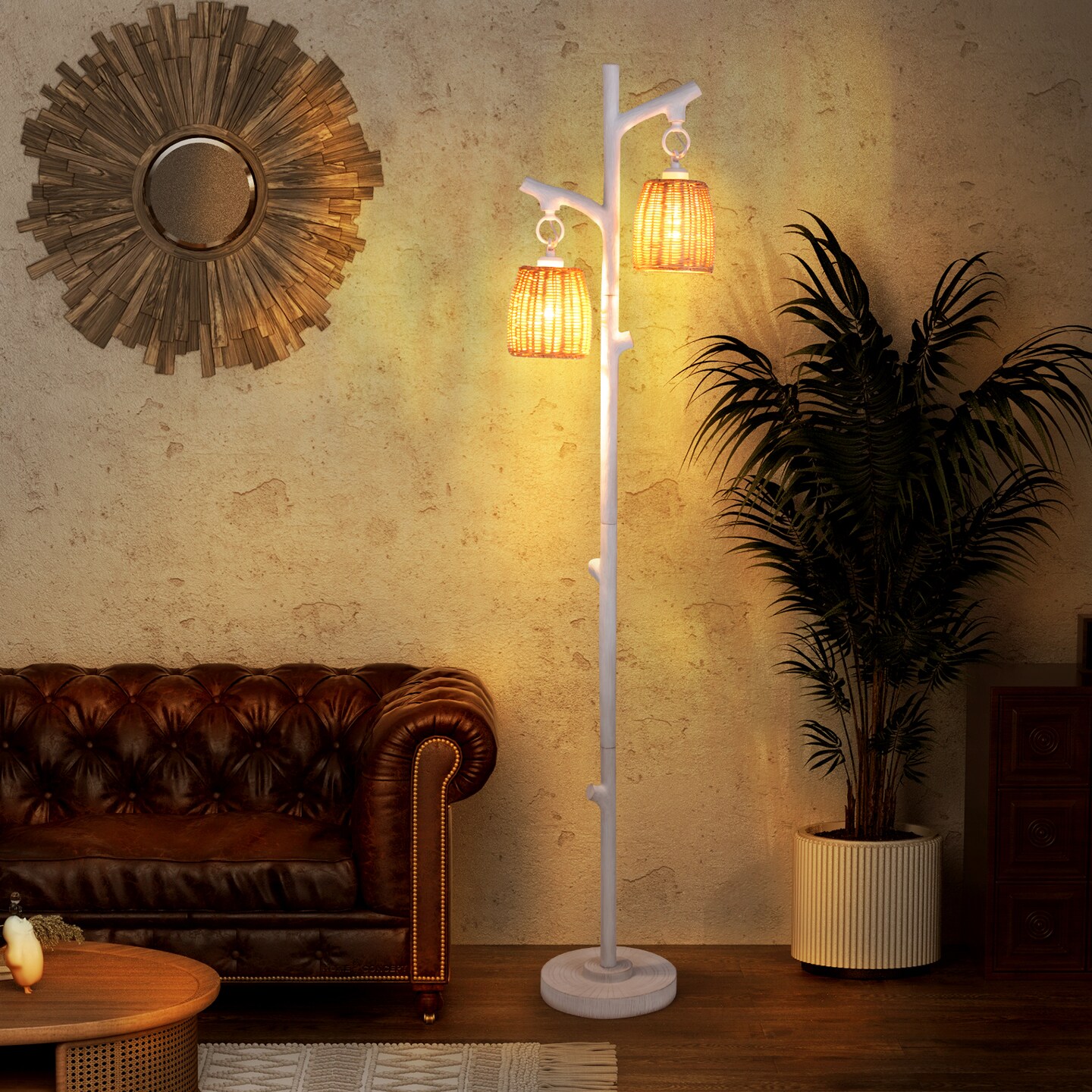 White Standing Floor Lamp with Wicker Shade Resin Trunk Design and Foot Dimmer Metal Frame