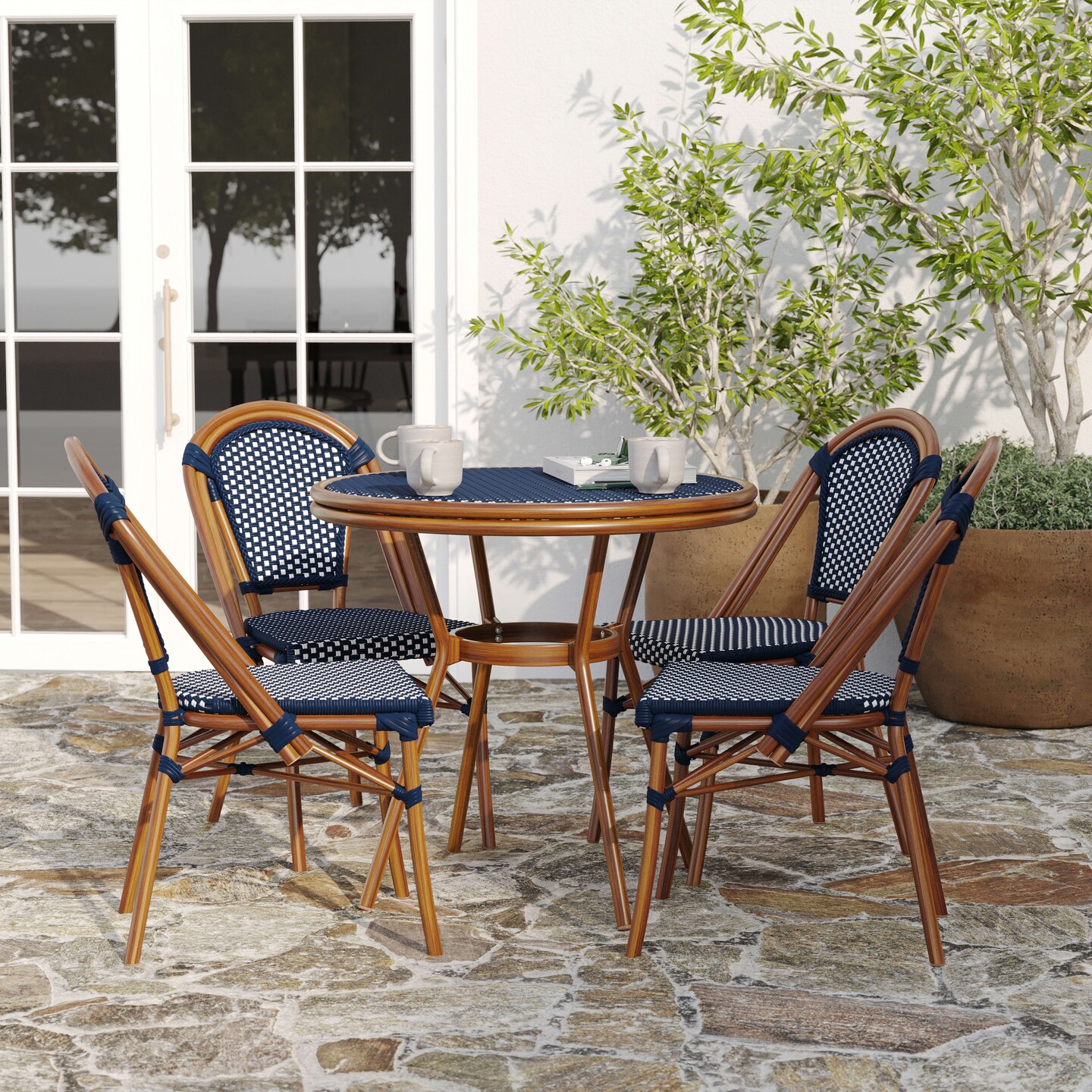 Merrick Lane Sacha Bistro Style Table with Glass Top, PE Rattan, 2 Stack Chairs, and Bamboo Finished Metal Frame for Indoor/Outdoor Use