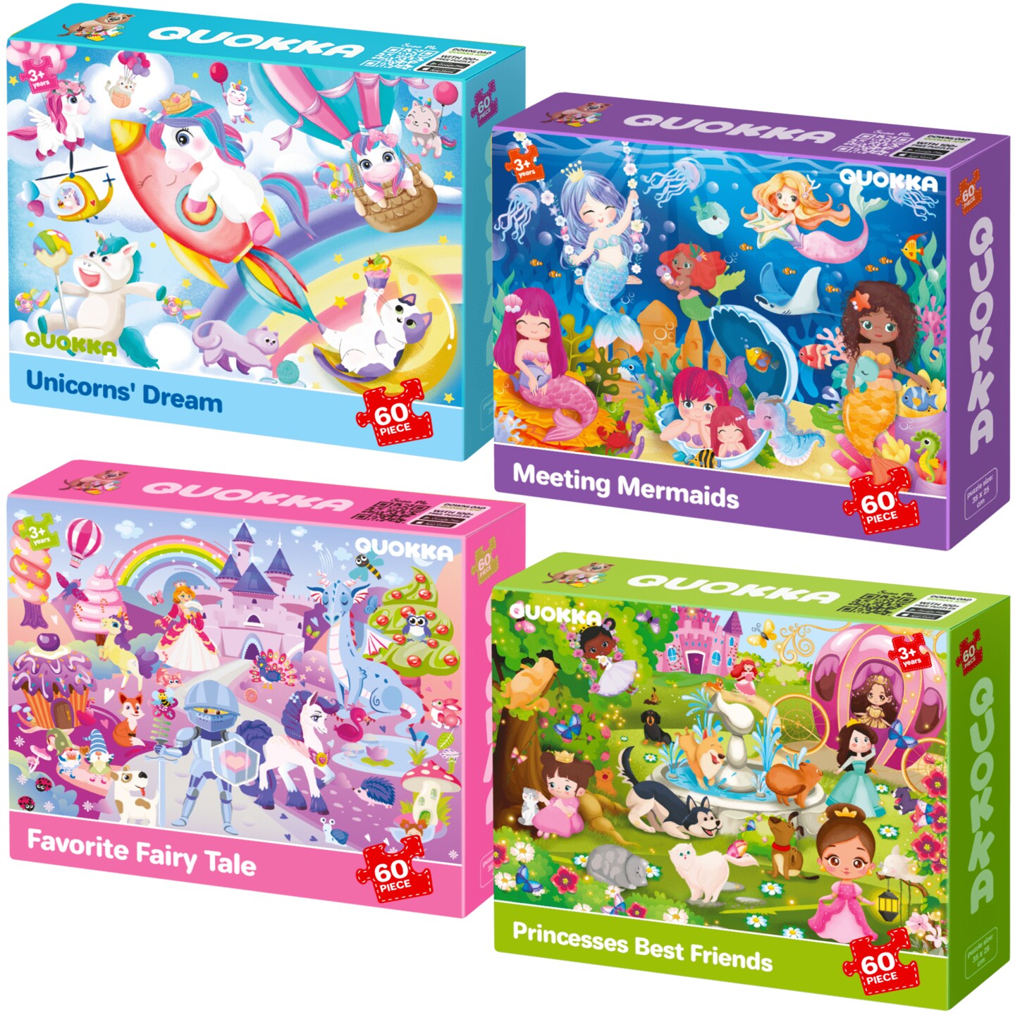 QUOKKA Puzzles for Kids Ages 4-6 - Set of 4x60 Jigsaw Puzzles for Toddlers 3-5 - Unicorn Princess Animals Toys for Children 6-8 yo - Gift Educational Game for Boys &#x26; Girls