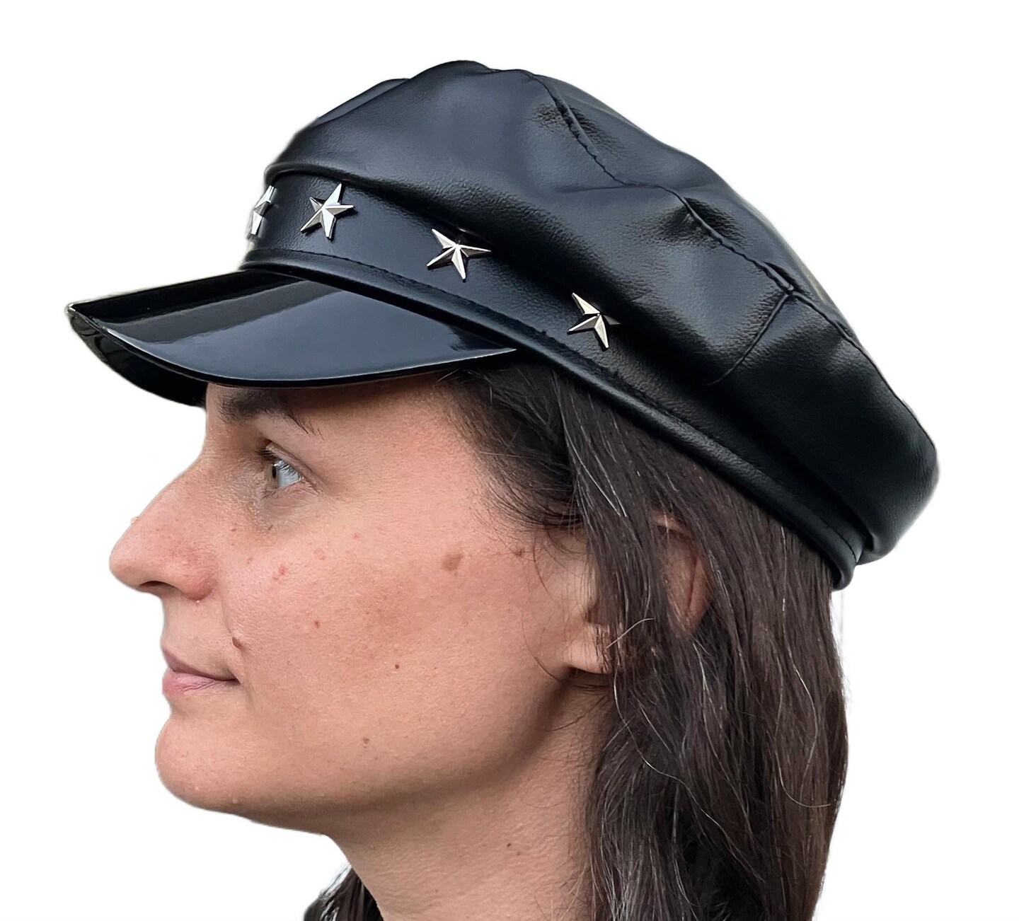 Leatherlike Biker Punk Hat 70's 80's Black Star Studded Costume Accessory One Size