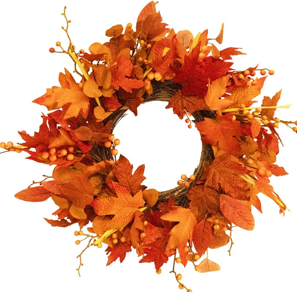 Fall Outdoor Wreaths for Front Door 22 Inch, Autumn Wreath with Orange Berries, Fall Maple Leaf Wreath for Farmhouse, Thanksgiving Harvest Window Decor