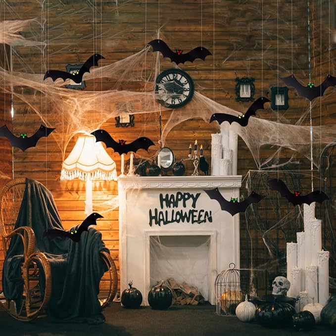 Halloween Hanging Bats 12 Pieces 3D Realistic Scary Large Fake Black Hanging Flying Bat Spooky for Yard Sign Outdoor Indoor Lawn Decorations(3 Style)