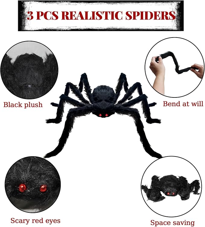 Large Halloween Spiders for Outside, Big Spider Halloween Decorations Realistic Scary Hairy Spiders Halloween Decorations Outdoor (59", 49", 35")