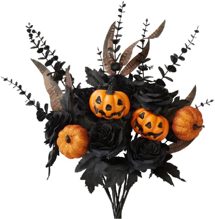 Halloween Decor Artificial Flowers Black Roses with Pumpkins