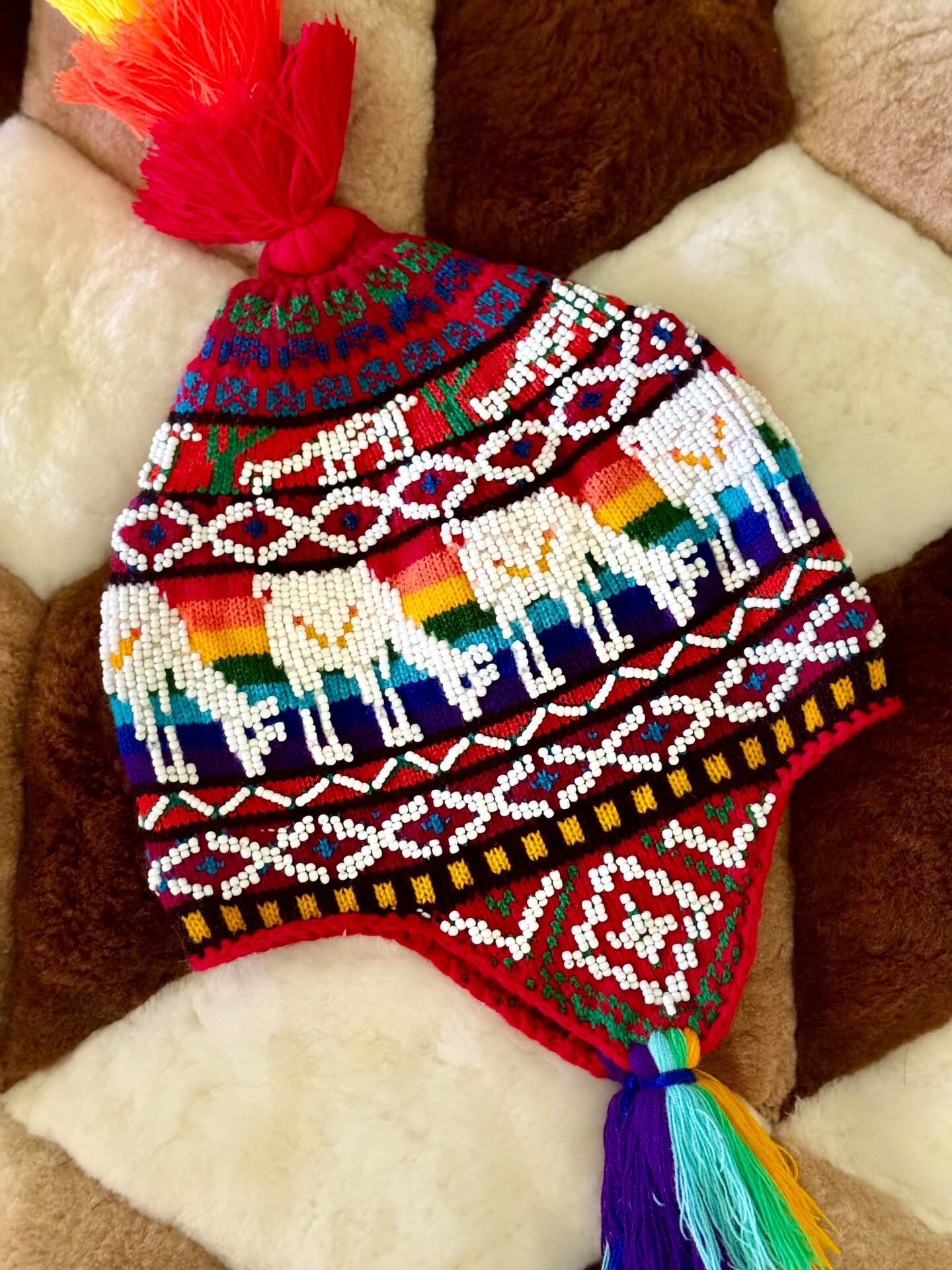 Genuine peruvian hat | Peruvian Chullo with beads Pom Pom 