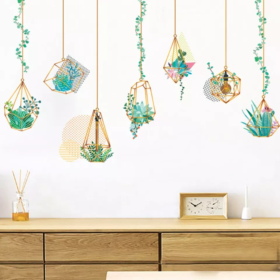 Green Wall Stickers Hanging Terrarium Plants Removable PVC Living Room Home