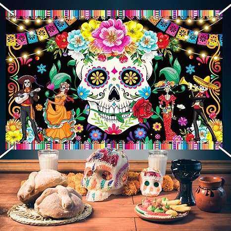 Day of The Dead Backdrop Banner, Extra Large Dia De Los Muertos Banner Skull Mexican Photo Background Party Decorations for Halloween Day of The Dead Decorations, 70.8&#xD7;43.3inch