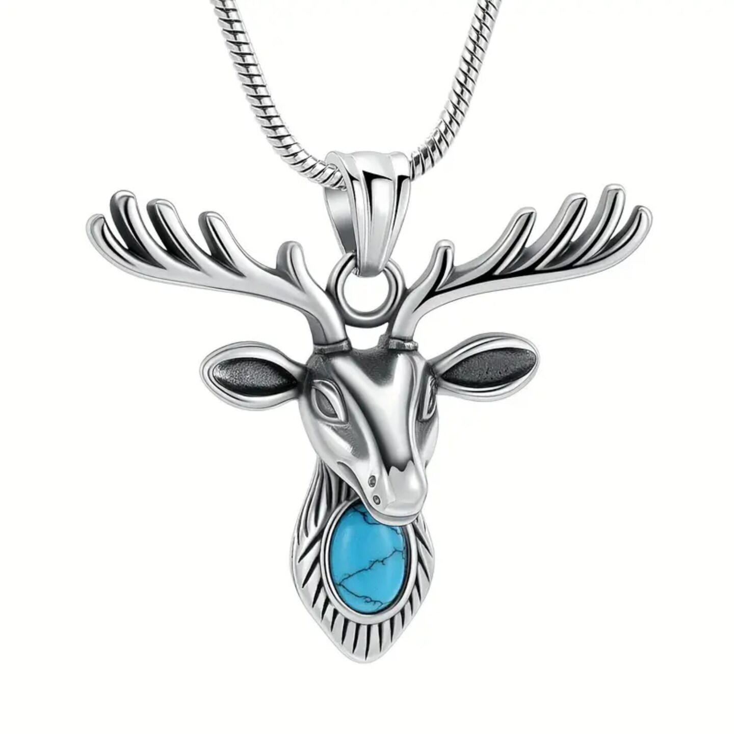 Stainless Steel CREMATION URN  Deer,Moose,Elk Head with Turquoise Inlay on 24" Steel Necklace - Engraved with "Rest In Peace"