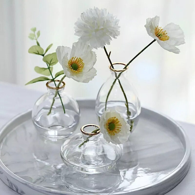 3 Clear Small Glass Flower Vases Centerpieces Metallic Gold Rim Party Events