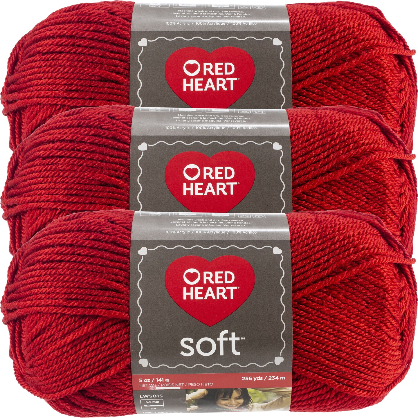 Red Heart Soft Really Red Yarn - 3 Pack of 141g/5oz - Acrylic - 4 Medium (Worsted) - 256 Yards - Knitting/Crochet