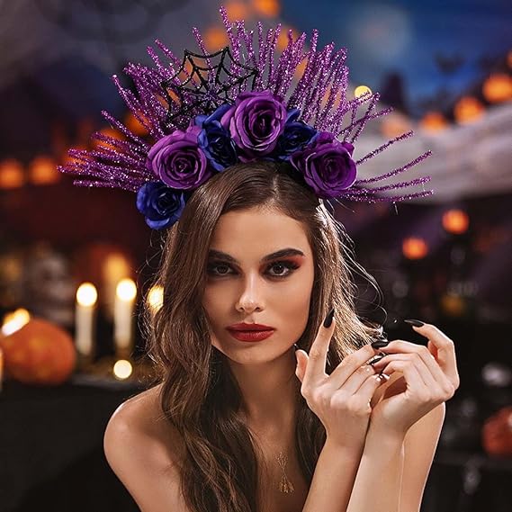 Halloween Halo Floral Crown Headband Sequins Flower Day of the Dead Crown Spiders Festival Halloween Costume Headdress for Women and Girls