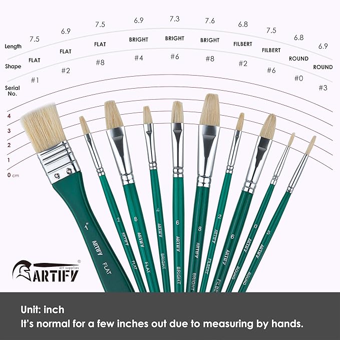 ARTIFY 10 Pieces Paint Brush Set, Intermediate Series, Includes a Carrying Case, Premium Hog Bristle Brushes for Acrylic and Oil Painting (Green - Hog Bristle)
