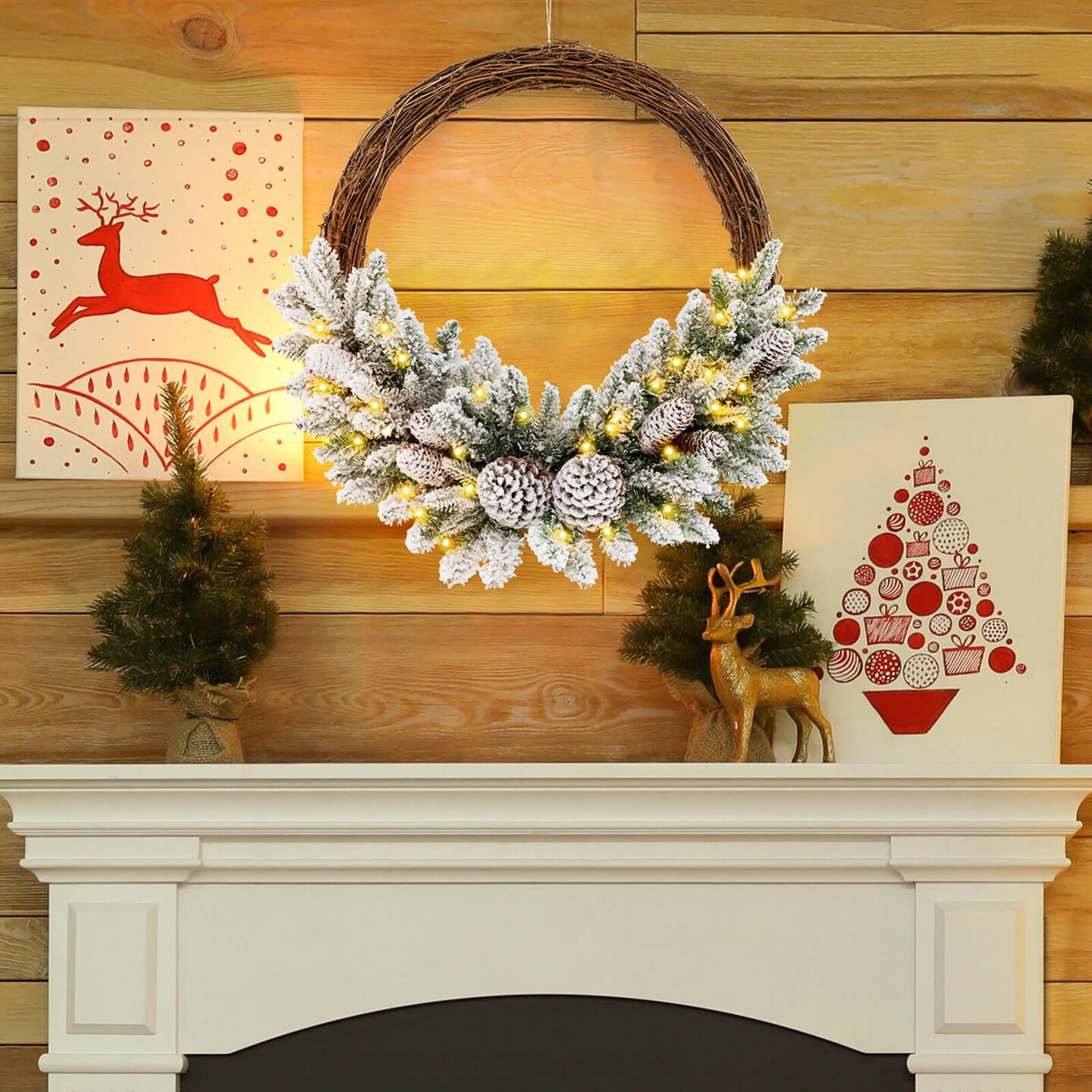 Costway 1/2 PCS 24 Inch Christmas Wreath with 65 Branch Tips 8 Natural Pine Cones 6 Lighting Modes