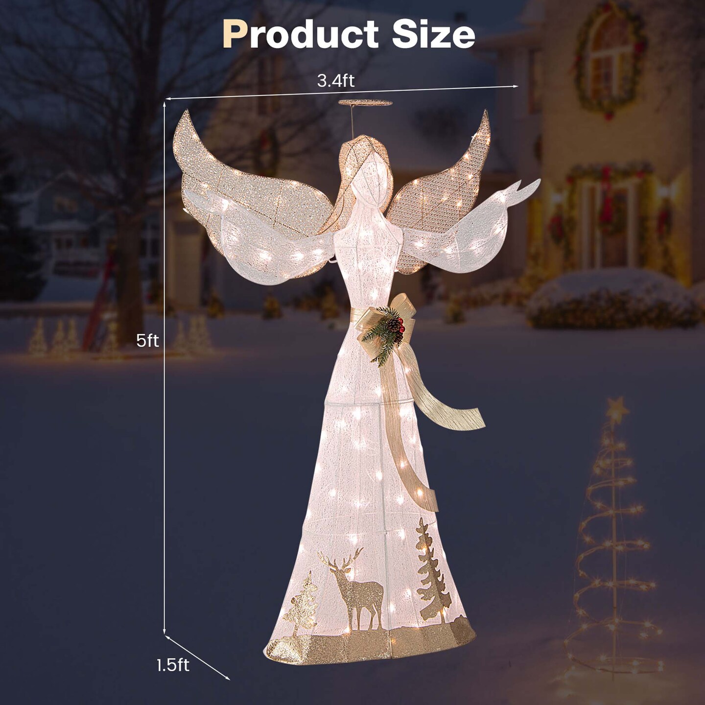 Costway 5 FT Pre-Lit Christmas Angel 3D Glittered Decoration with Halo Bow & 100 Lights
