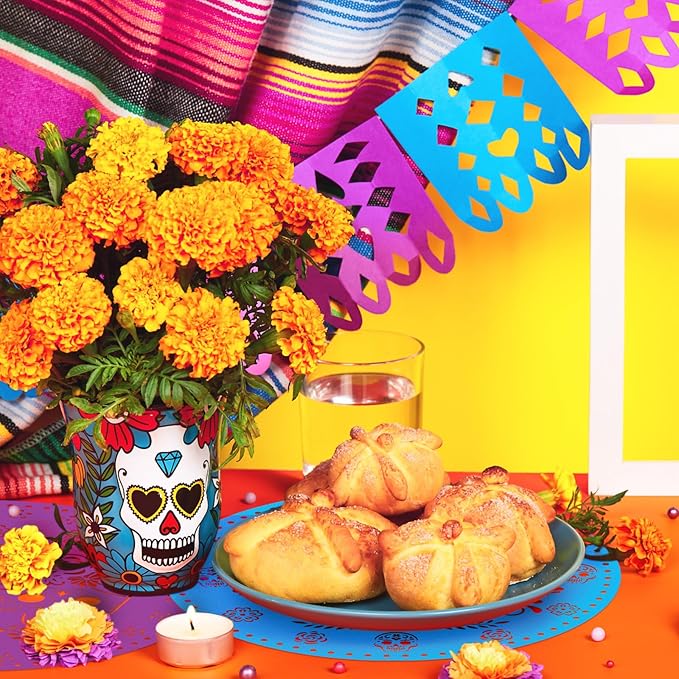 56 Pcs Day of The Dead Skull Placemats 13&#x22; x 13&#x22; Dia De Muertos Disposable Place Mat Paper Colorful Mexican Sugar Skulls Round Table Placemat for Halloween Table Decor Kitchen Dining