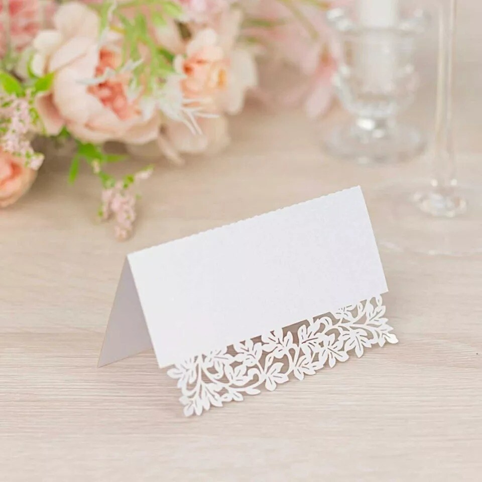 50 White Paper Table Name Place Cards Laser Cut Leaf Vine Design Party Events