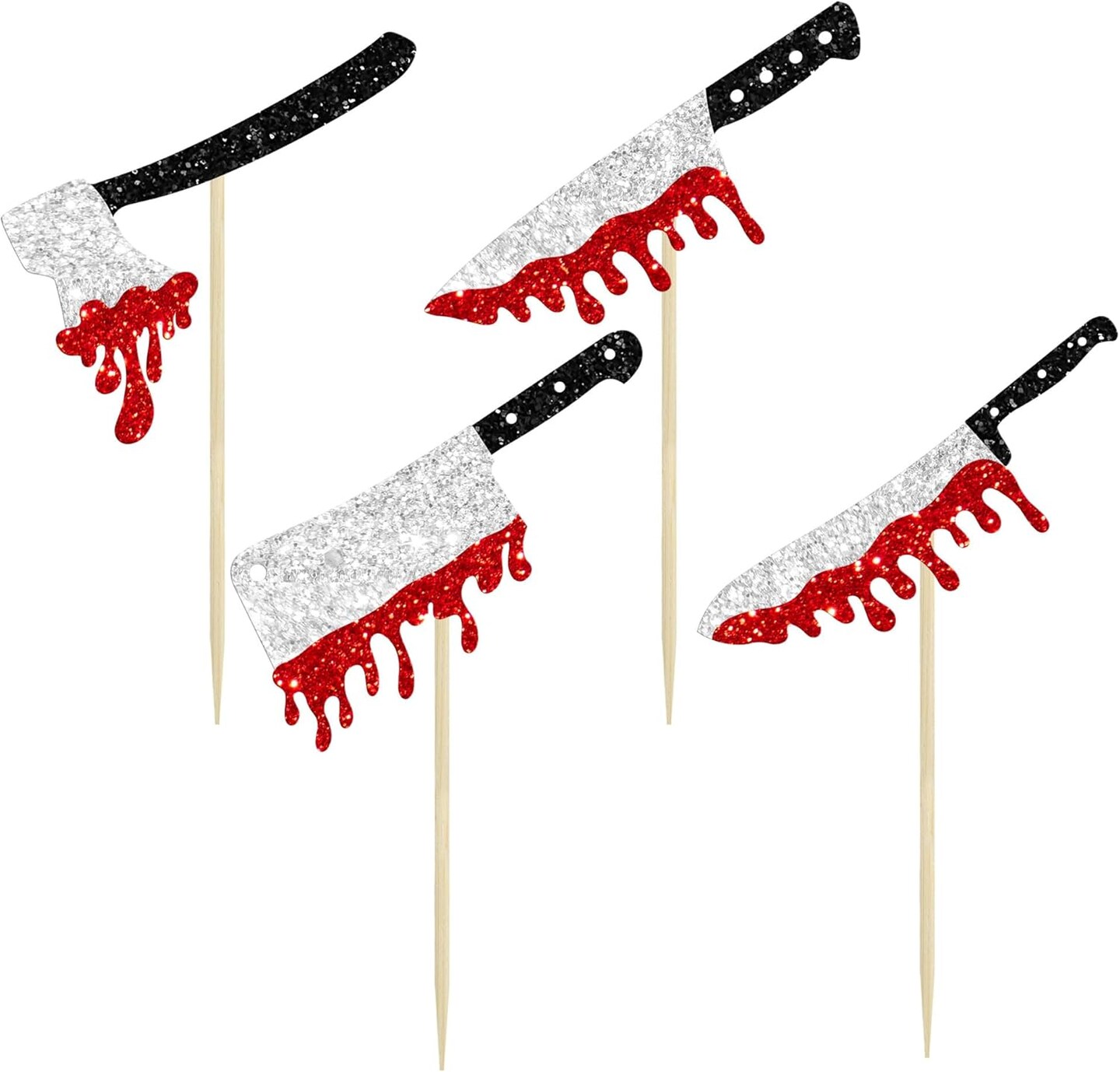 24Pcs Halloween Cupcake Toppers Glitter Horror Blood Knife Cupcake Picks Killer Birthday Cake Decorations for Halloween Blood Knife Theme Birthday Party Supplies
