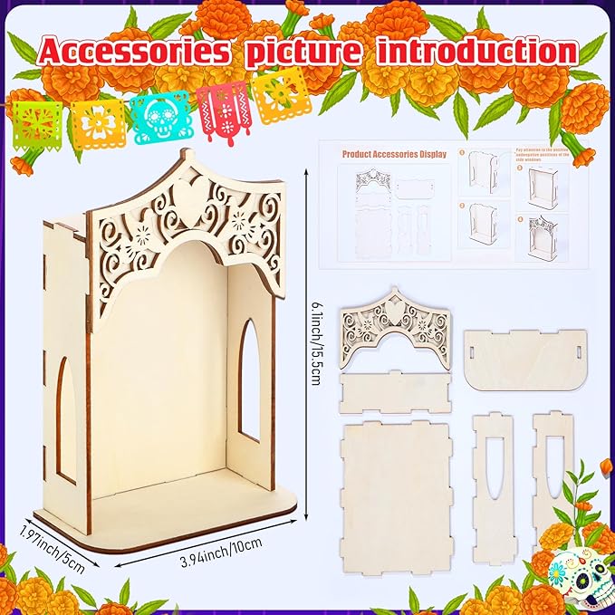 1 Pcs Large Dia De Los Muertos Altar Ofrenda Box, Poplar Plywood Self Painting Color Sacred Heart and Pigeon Papel Picado The Day of The Dead Supplies for Dia De Los Muertos Decorations