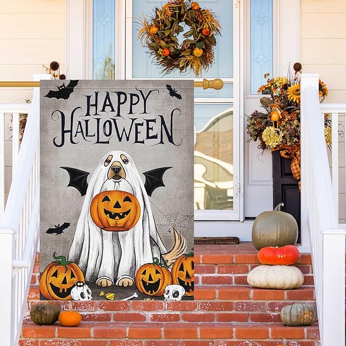 Happy Halloween Garden Flag with Ghost Golden Retriever Dog and Pumpkin 28x40 Inch Large Burlap Yard Holiday Welcome Decor Outdoor Outside House Flag (Only Flag)