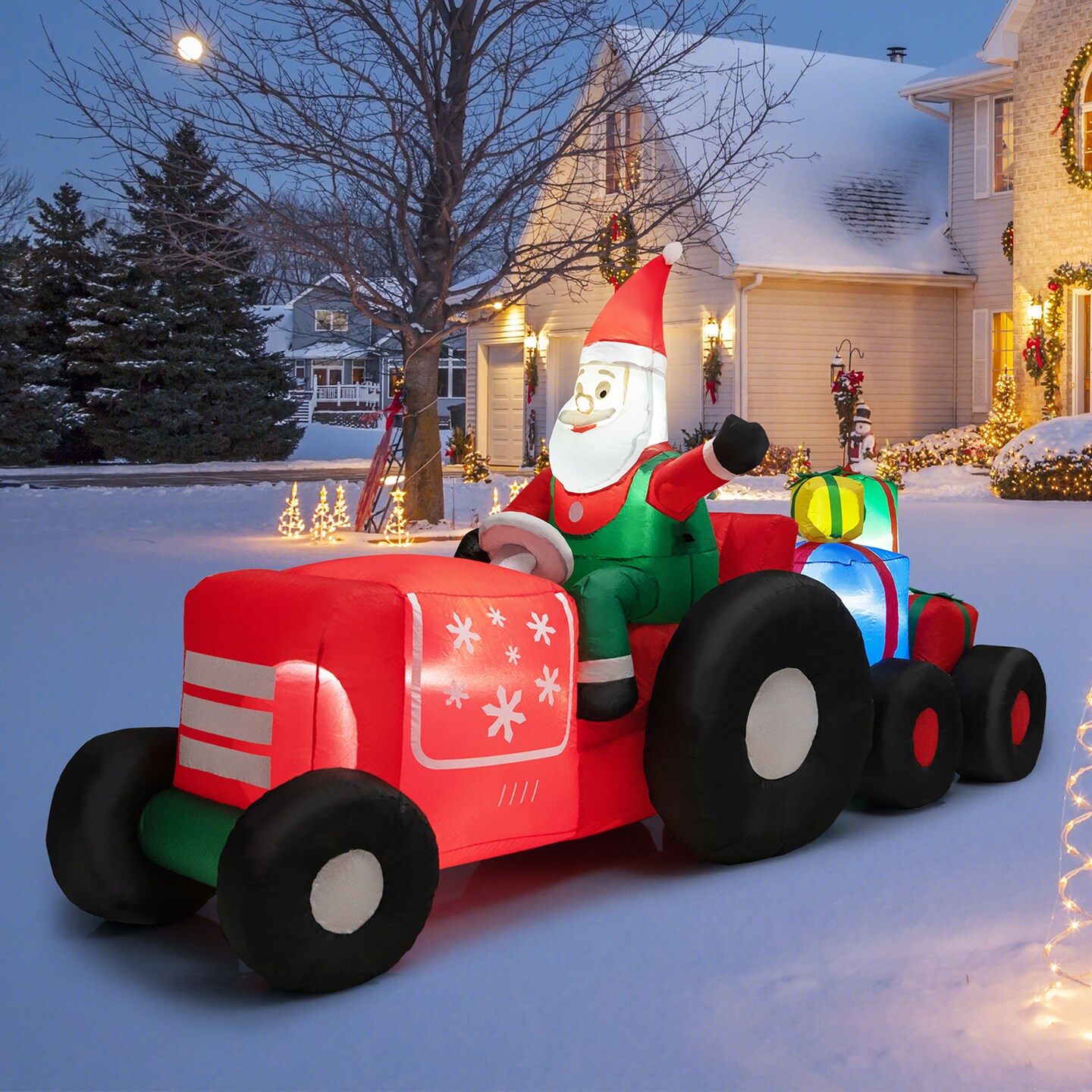 Costway 9 FT Long Christmas Inflatable Santa Claus Driving Tractor with Gifts Decoration