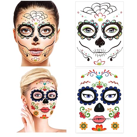 Halloween Temporary Face Tattoos (12Pack), Konsait Day of the Dead Sugar Skull Floral Black Skeleton Web Red Roses Full Face Mask Tattoo for Women Men Adult Kids Boys Halloween Party Favor Supplies