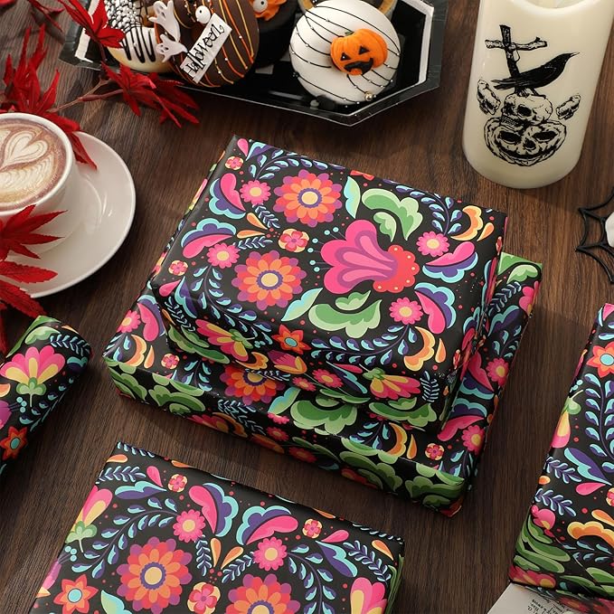 Halloween Wrapping Paper -Mini Roll- 17in x 32.8Ft Day of The Dead Mexican Floral Gift Wrap Paper for Party Wrapping Supplies