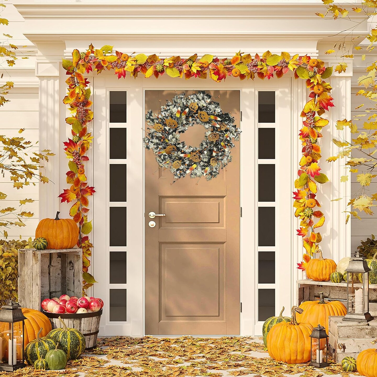 20 inch Artificial Halloween Wreaths for Front Door Halloween Door Wreath Fall Wreath for Front Door Indoor Outdoor Farmhouse Home Wall Window Festival Wedding Decor