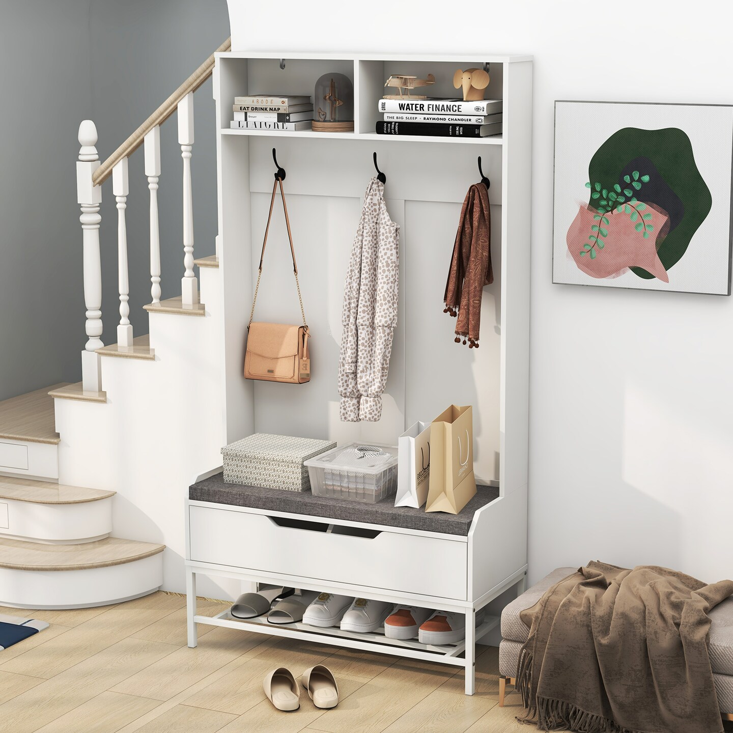 4-in-1 Coat Rack with Seat Cushion and Shoe Storage