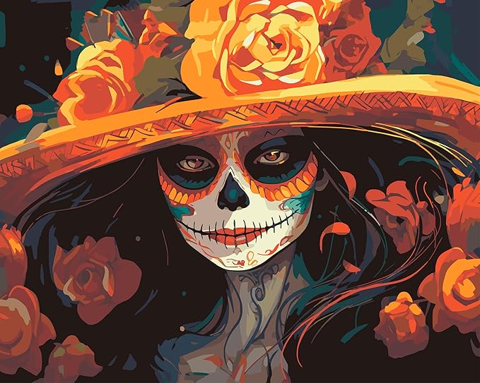 Abstract Paint by Numbers, Woman Wearing A Hat with Roses Paint by Numbers, Day of the Dead Lady Acrylic Painting Kits, Color by Numbers for Adults with Brushes and Pigment - Frameless, 16x20 Inch